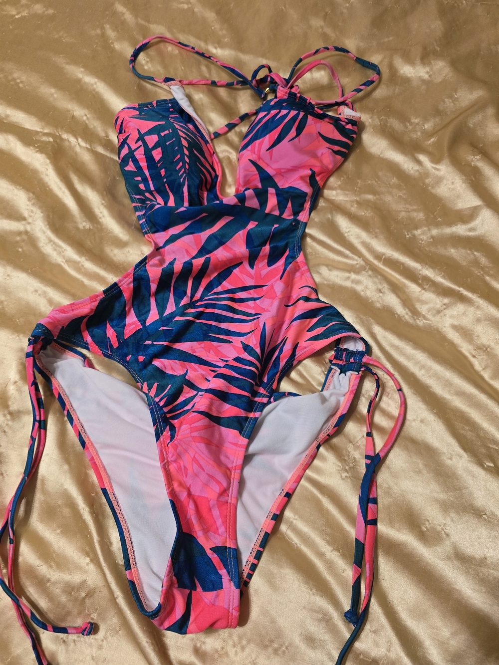 SHEIN Neon Pink & Navy Tropical One-Piece Swimsuit